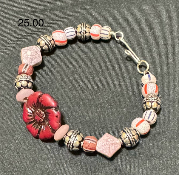 Red Flower Sterling Silver Bracelet